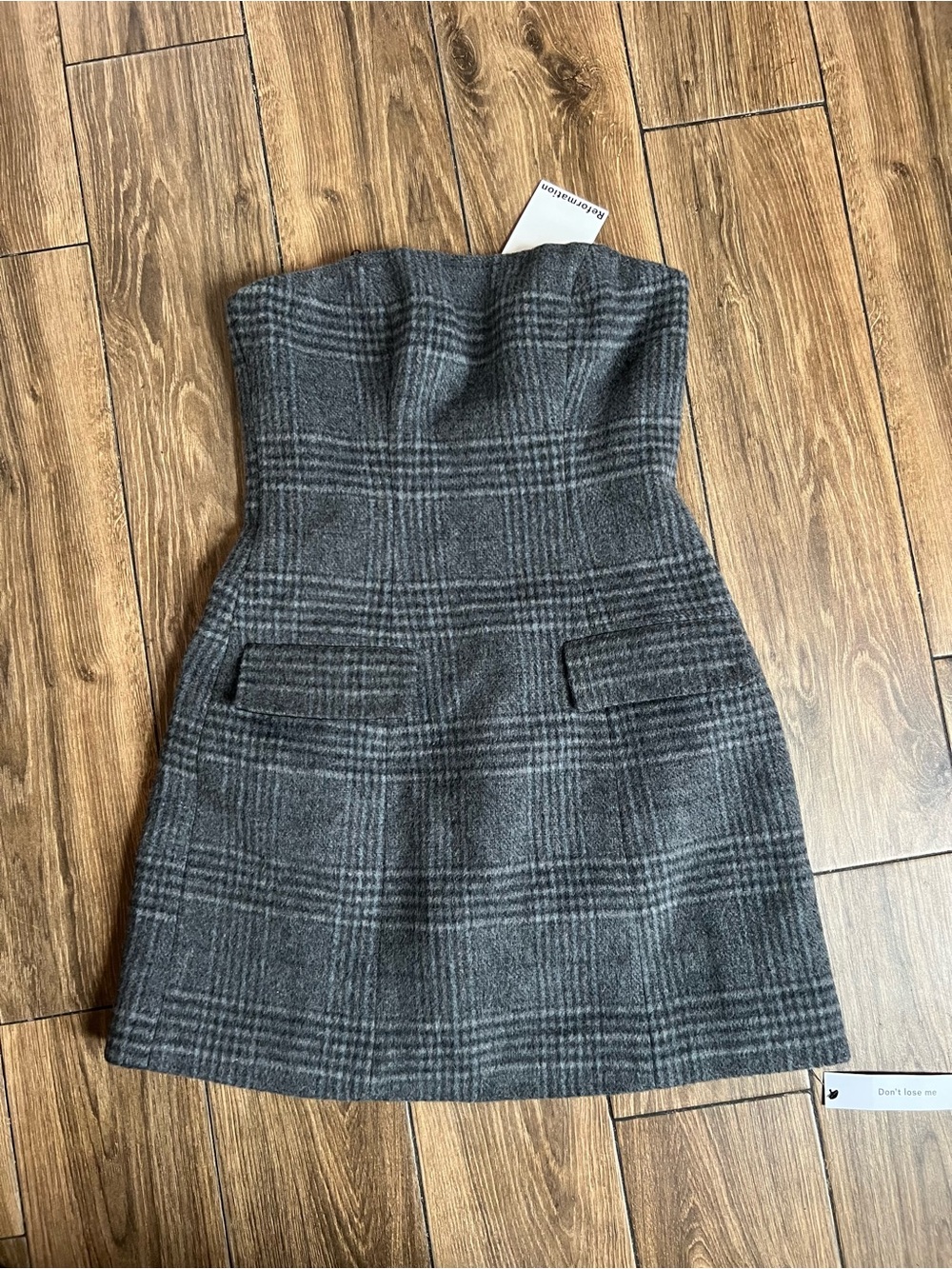 Reformation Emani Gray Plaid Strapless Mini Dress